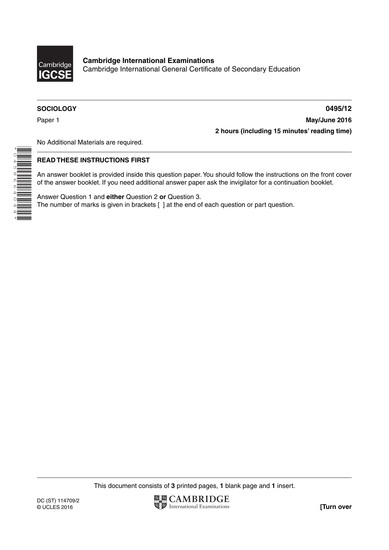 Cambridge IGCSE Sociology 0495 2016 May/June Paper 1 · Variant 2 question paper, page 1 of 4