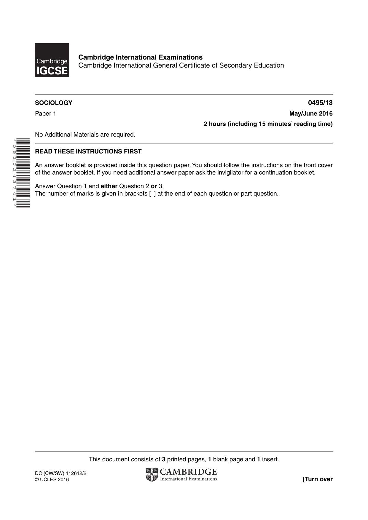 Cambridge IGCSE Sociology 0495 2016 May/June Paper 1 · Variant 3 question paper, page 1 of 4