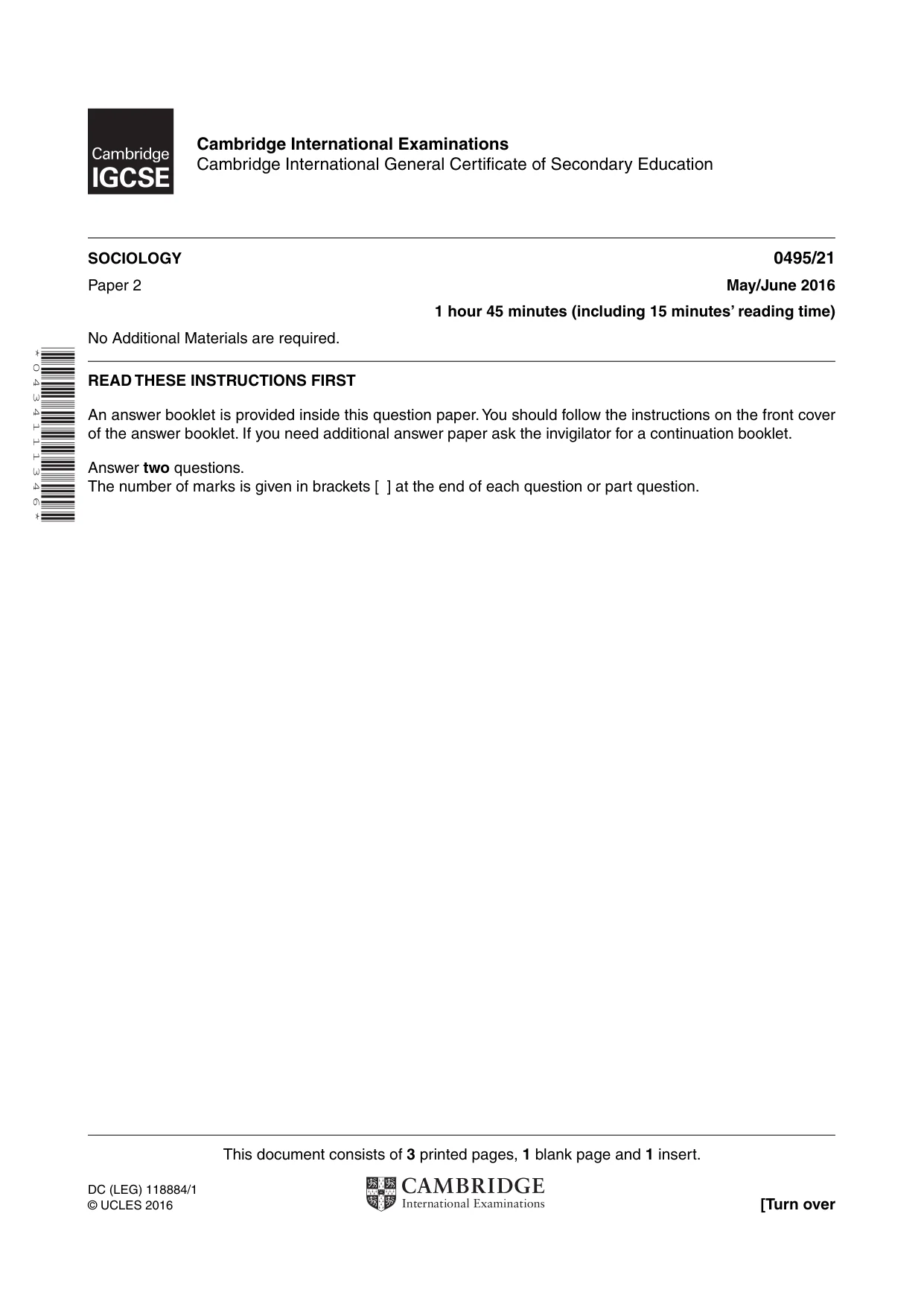 Cambridge IGCSE Sociology 0495 2016 May/June Paper 2 · Variant 1 question paper, page 1 of 4
