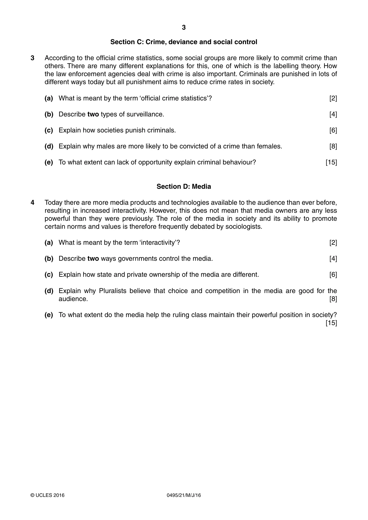 Cambridge IGCSE Sociology 0495 2016 May/June Paper 2 · Variant 1 question paper, page 3 of 4