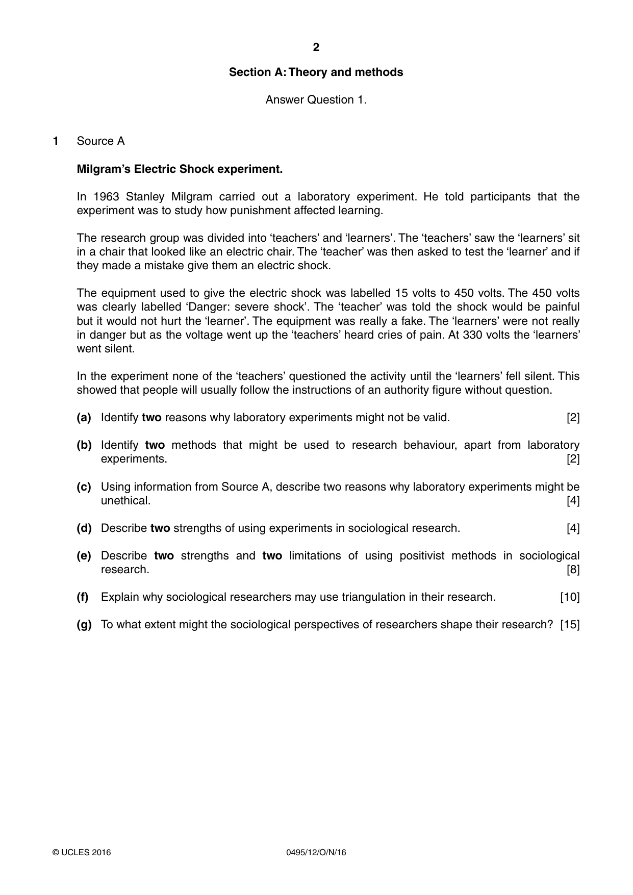 Cambridge IGCSE Sociology 0495 2016 Oct/Nov Paper 1 · Variant 2 question paper, page 2 of 4