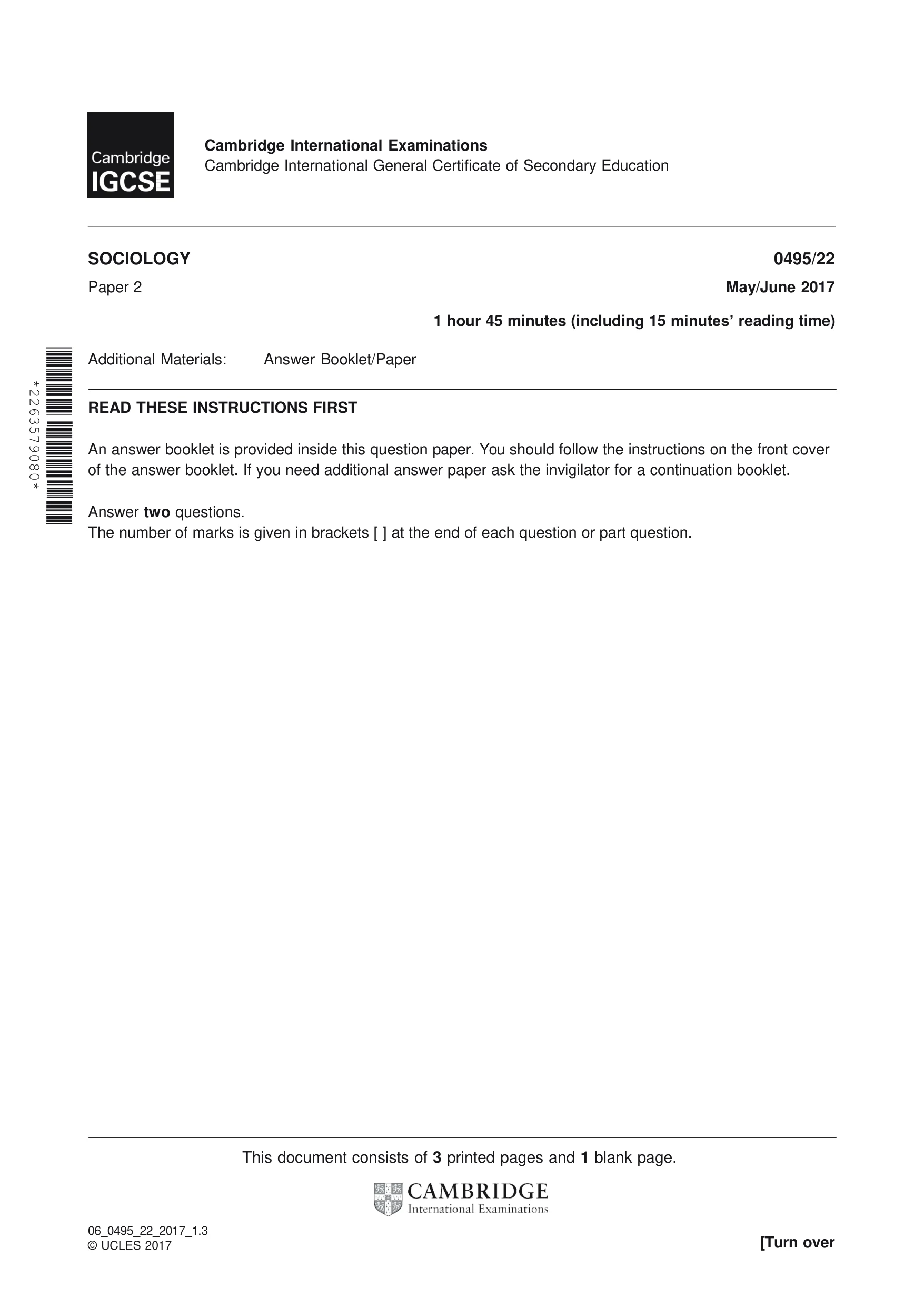 Cambridge IGCSE Sociology 0495 2017 May/June Paper 2 · Variant 2 question paper, page 1 of 4