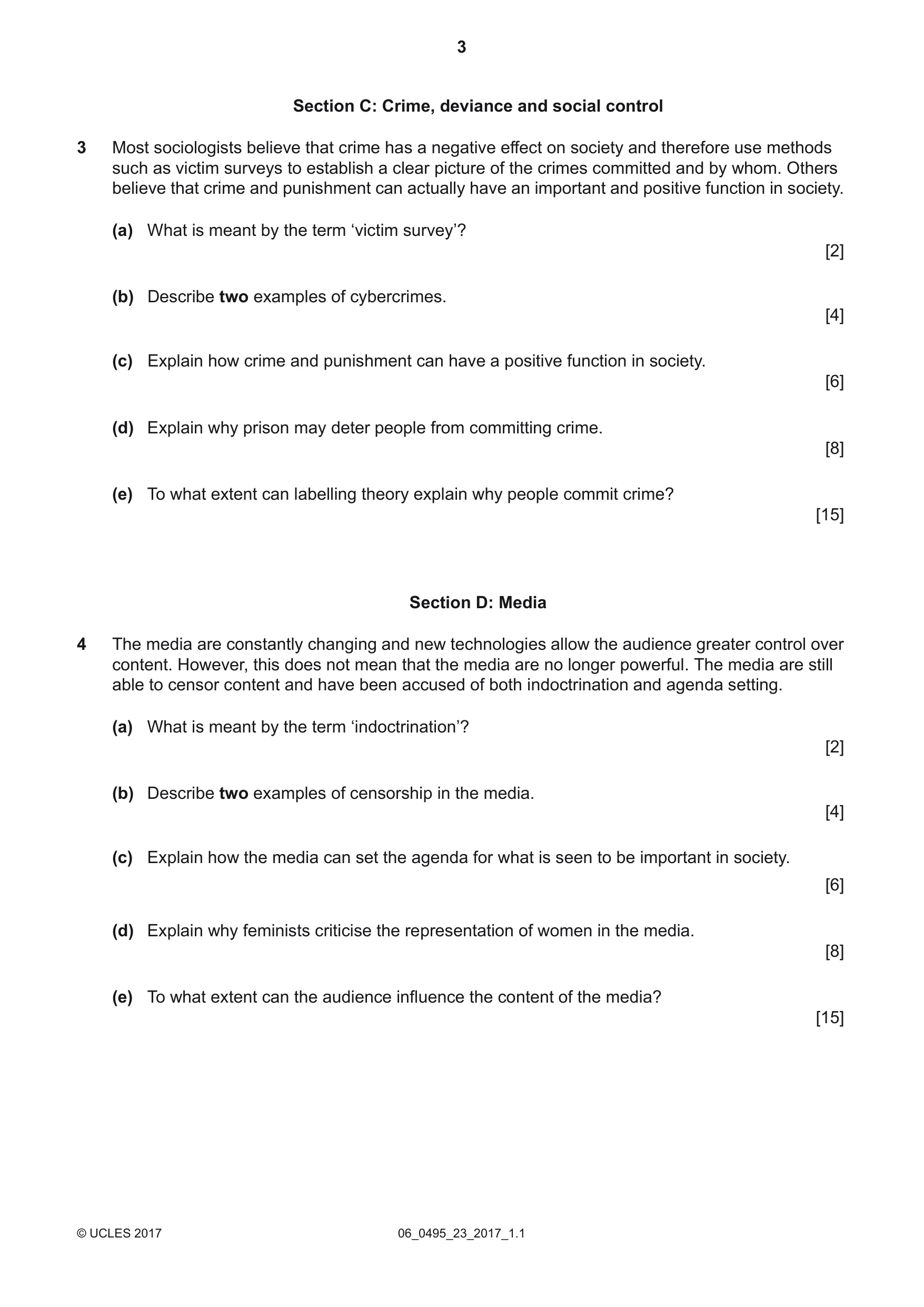 Cambridge IGCSE Sociology 0495 2017 May/June Paper 2 · Variant 3 question paper, page 3 of 4
