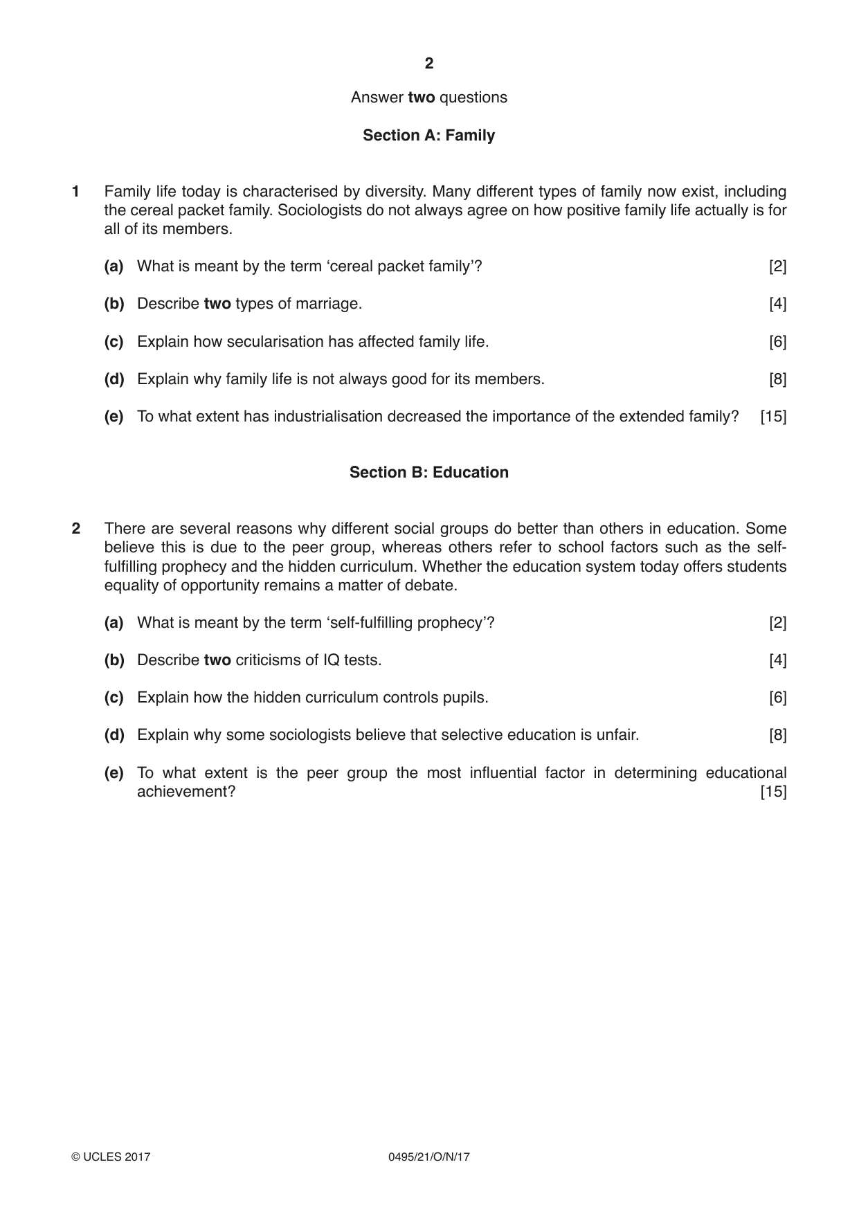 Cambridge IGCSE Sociology 0495 2017 Oct/Nov Paper 2 · Variant 1 question paper, page 2 of 4
