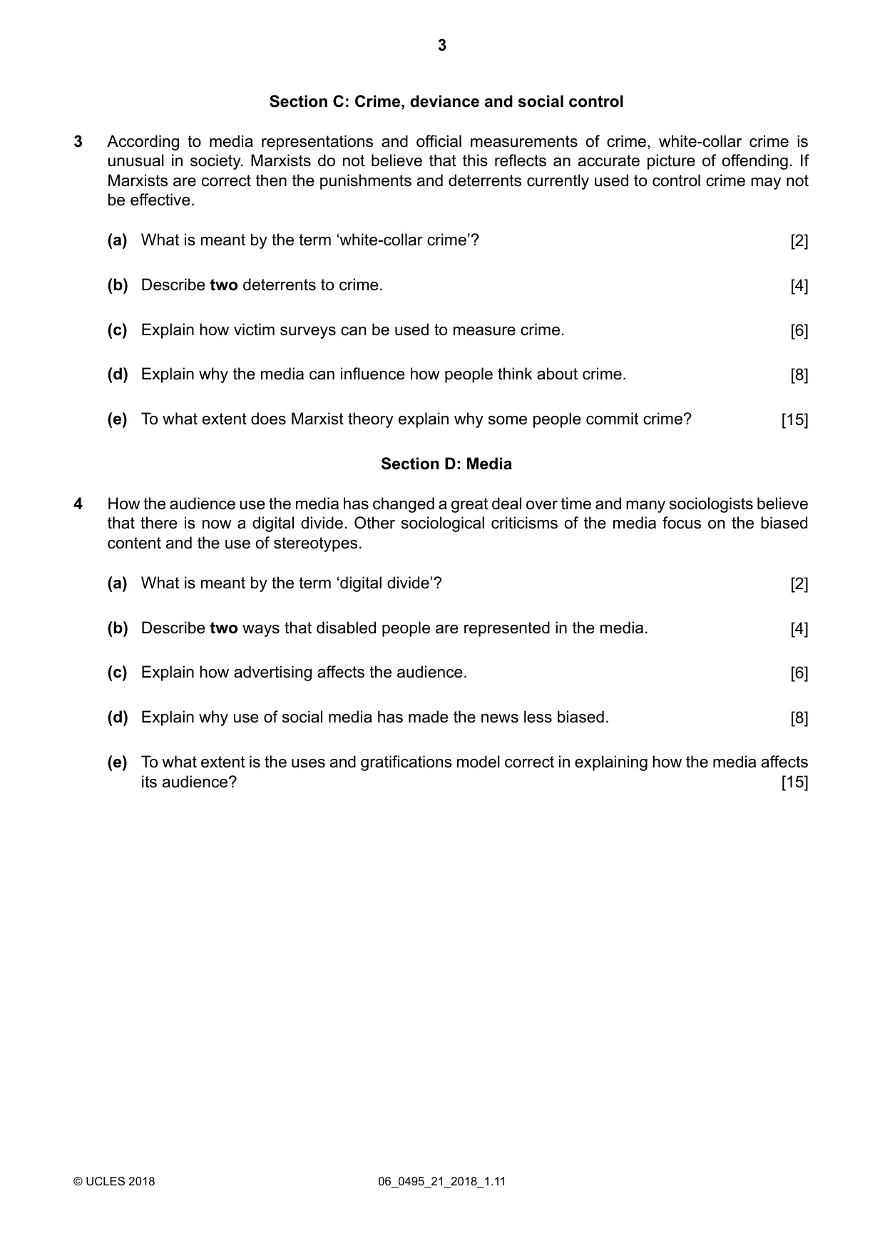 Cambridge IGCSE Sociology 0495 2018 May/June Paper 2 · Variant 1 question paper, page 3 of 4