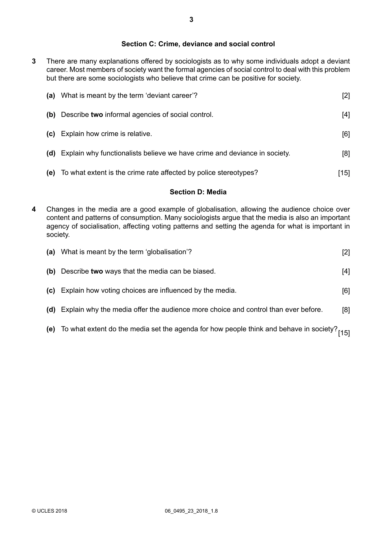 Cambridge IGCSE Sociology 0495 2018 May/June Paper 2 · Variant 3 question paper, page 3 of 4