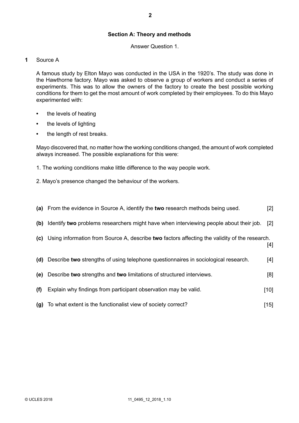 Cambridge IGCSE Sociology 0495 2018 Oct/Nov Paper 1 · Variant 2 question paper, page 2 of 4