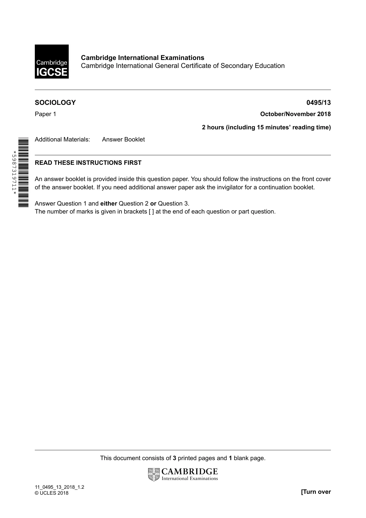 Cambridge IGCSE Sociology 0495 2018 Oct/Nov Paper 1 · Variant 3 question paper, page 1 of 4