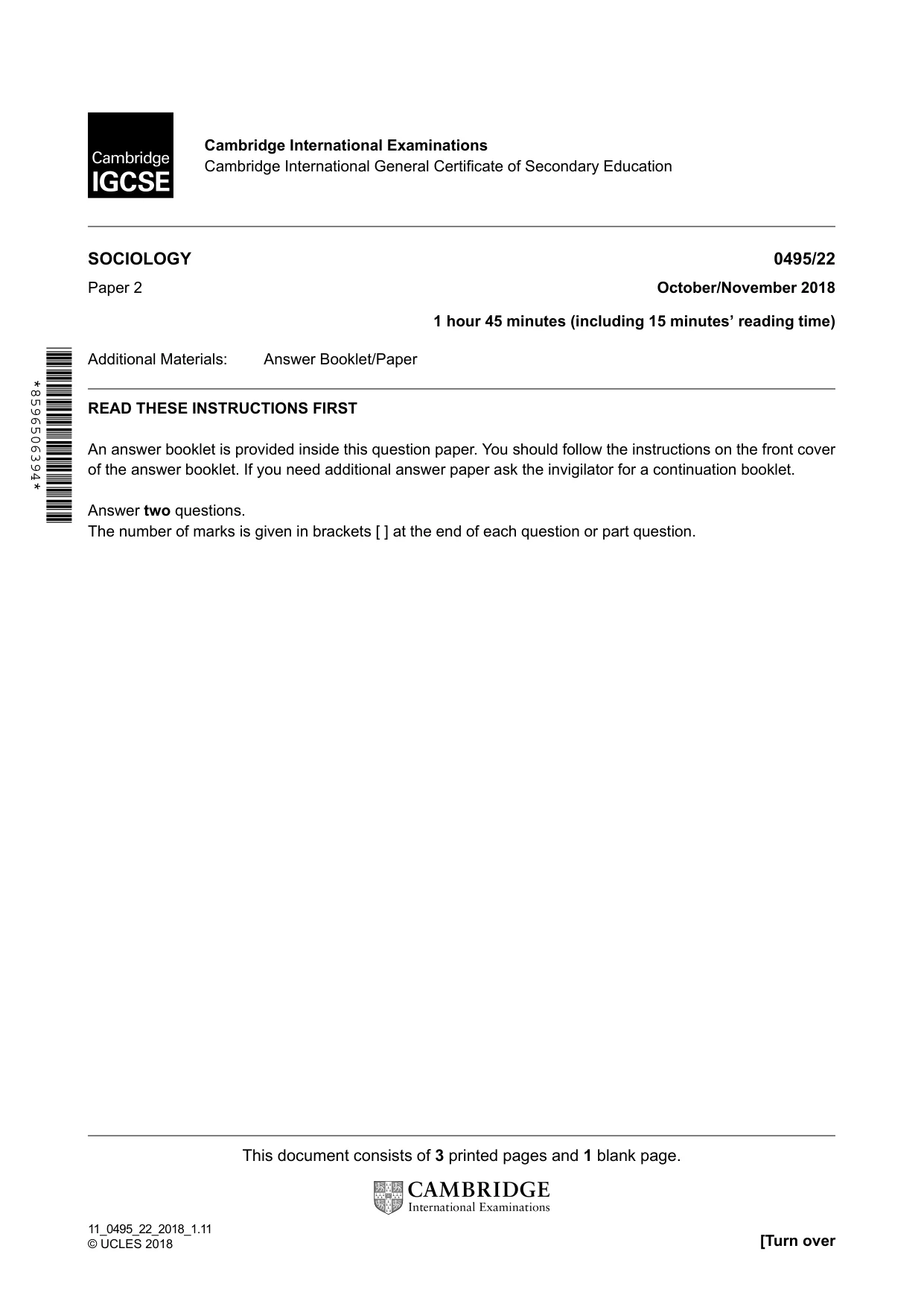 Cambridge IGCSE Sociology 0495 2018 Oct/Nov Paper 2 · Variant 2 question paper, page 1 of 4