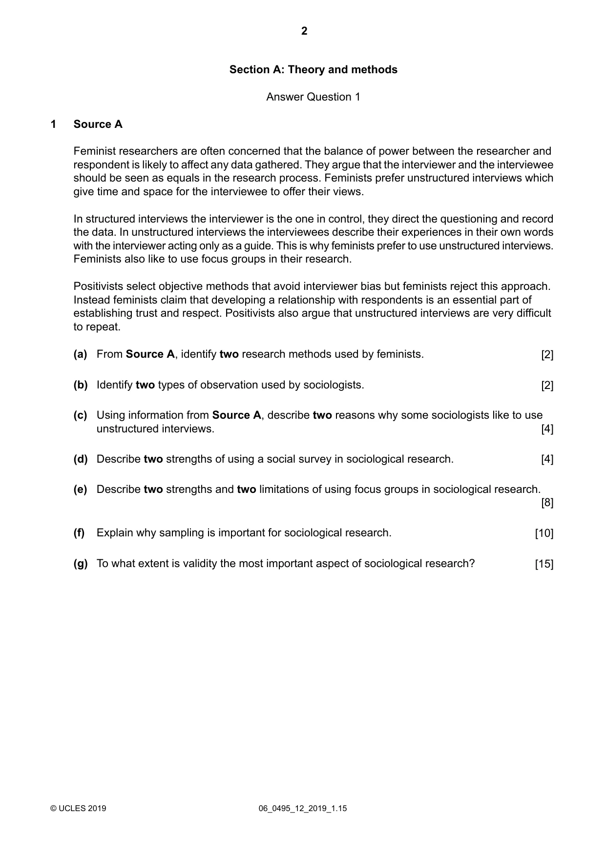 Cambridge IGCSE Sociology 0495 2019 May/June Paper 1 · Variant 2 question paper, page 2 of 4