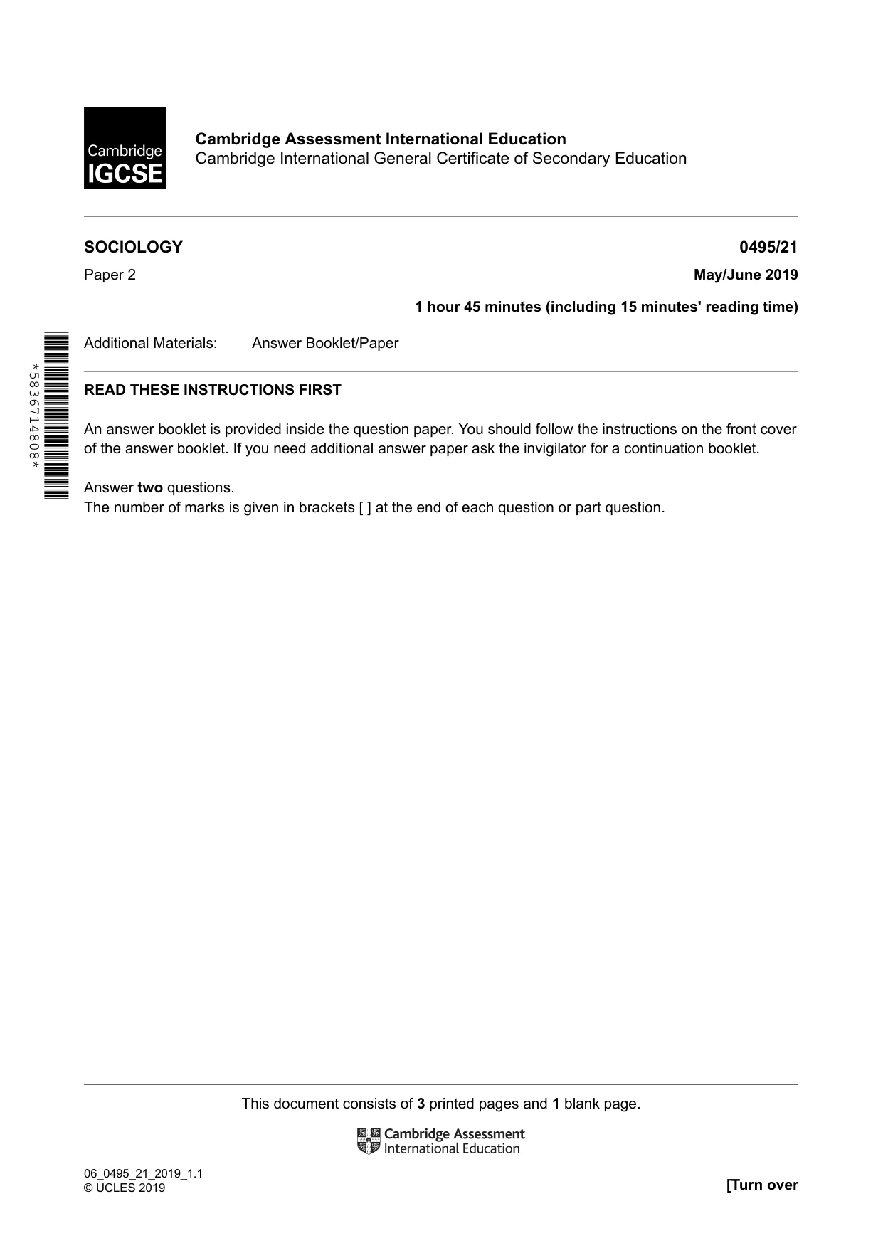 Cambridge IGCSE Sociology 0495 2019 May/June Paper 2 · Variant 1 question paper, page 1 of 4