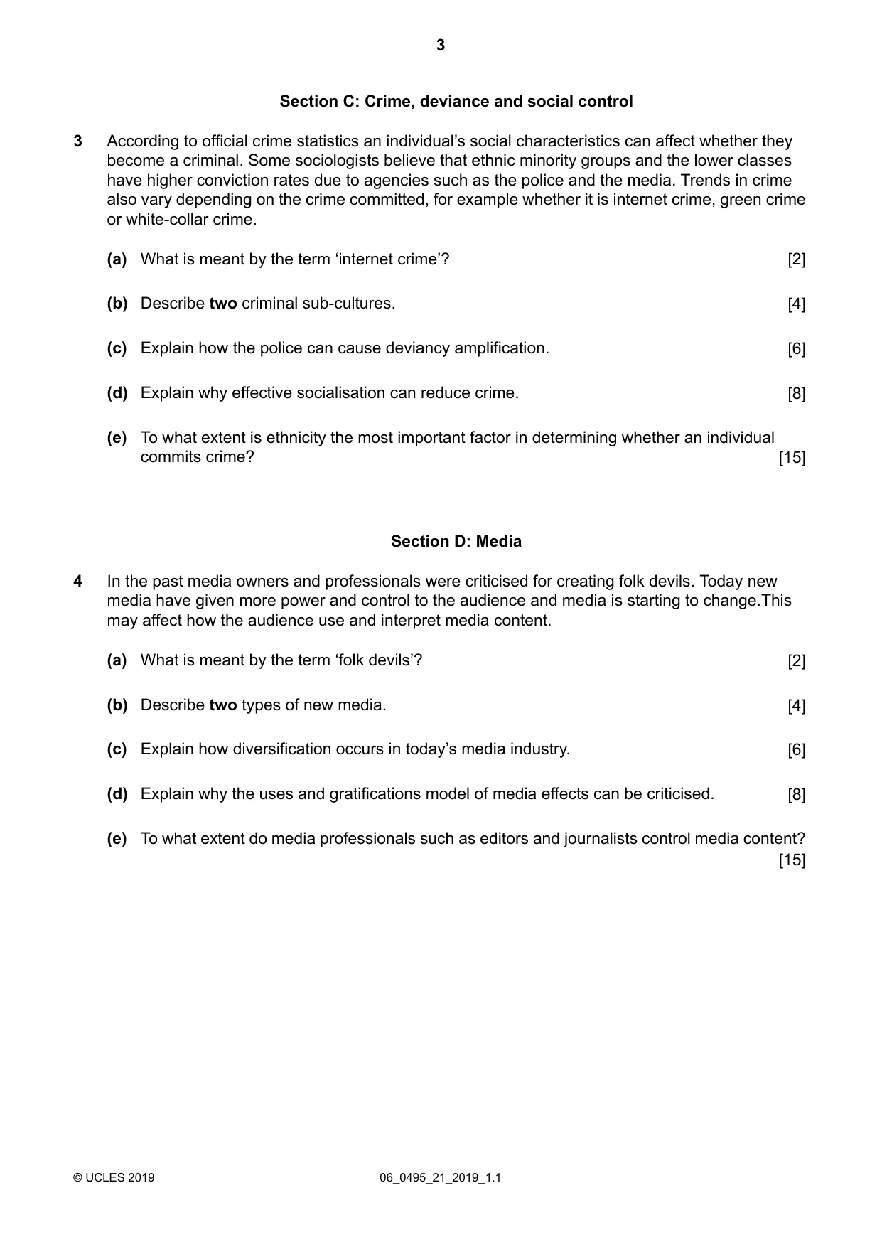 Cambridge IGCSE Sociology 0495 2019 May/June Paper 2 · Variant 1 question paper, page 3 of 4