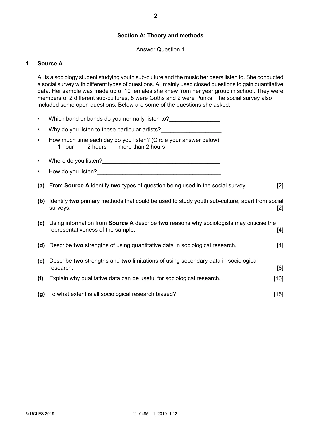 Cambridge IGCSE Sociology 0495 2019 Oct/Nov Paper 1 · Variant 1 question paper, page 2 of 4