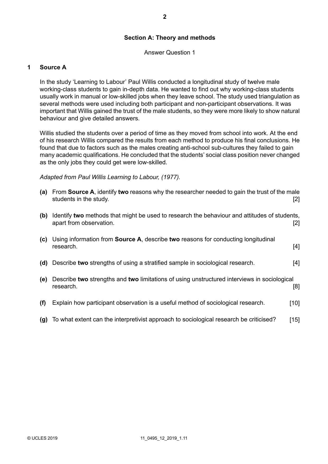 Cambridge IGCSE Sociology 0495 2019 Oct/Nov Paper 1 · Variant 2 question paper, page 2 of 4