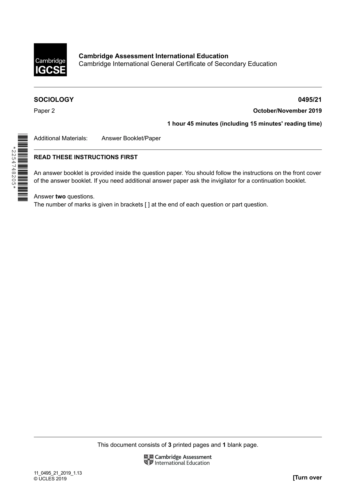 Cambridge IGCSE Sociology 0495 2019 Oct/Nov Paper 2 · Variant 1 question paper, page 1 of 4