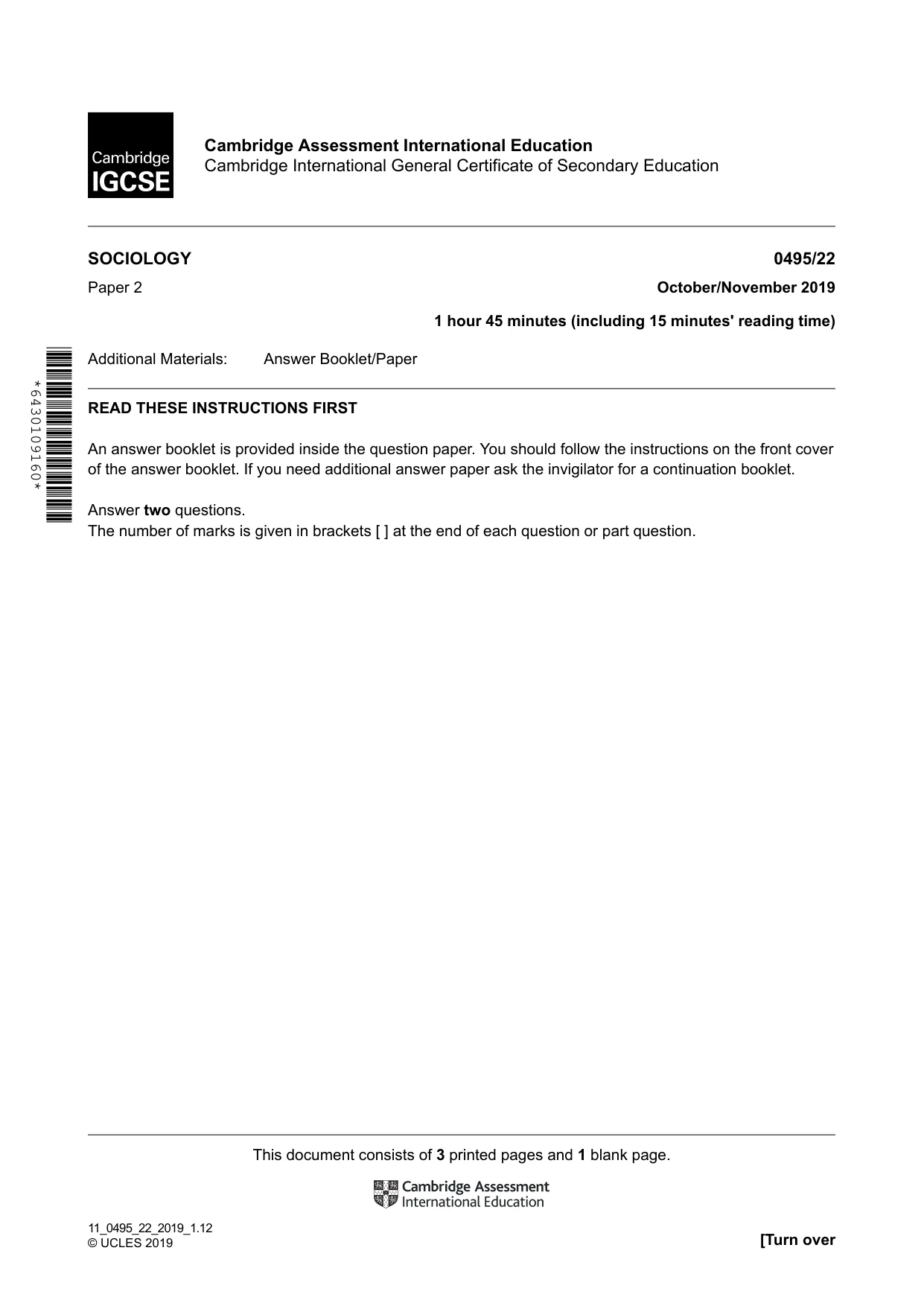 Cambridge IGCSE Sociology 0495 2019 Oct/Nov Paper 2 · Variant 2 question paper, page 1 of 4