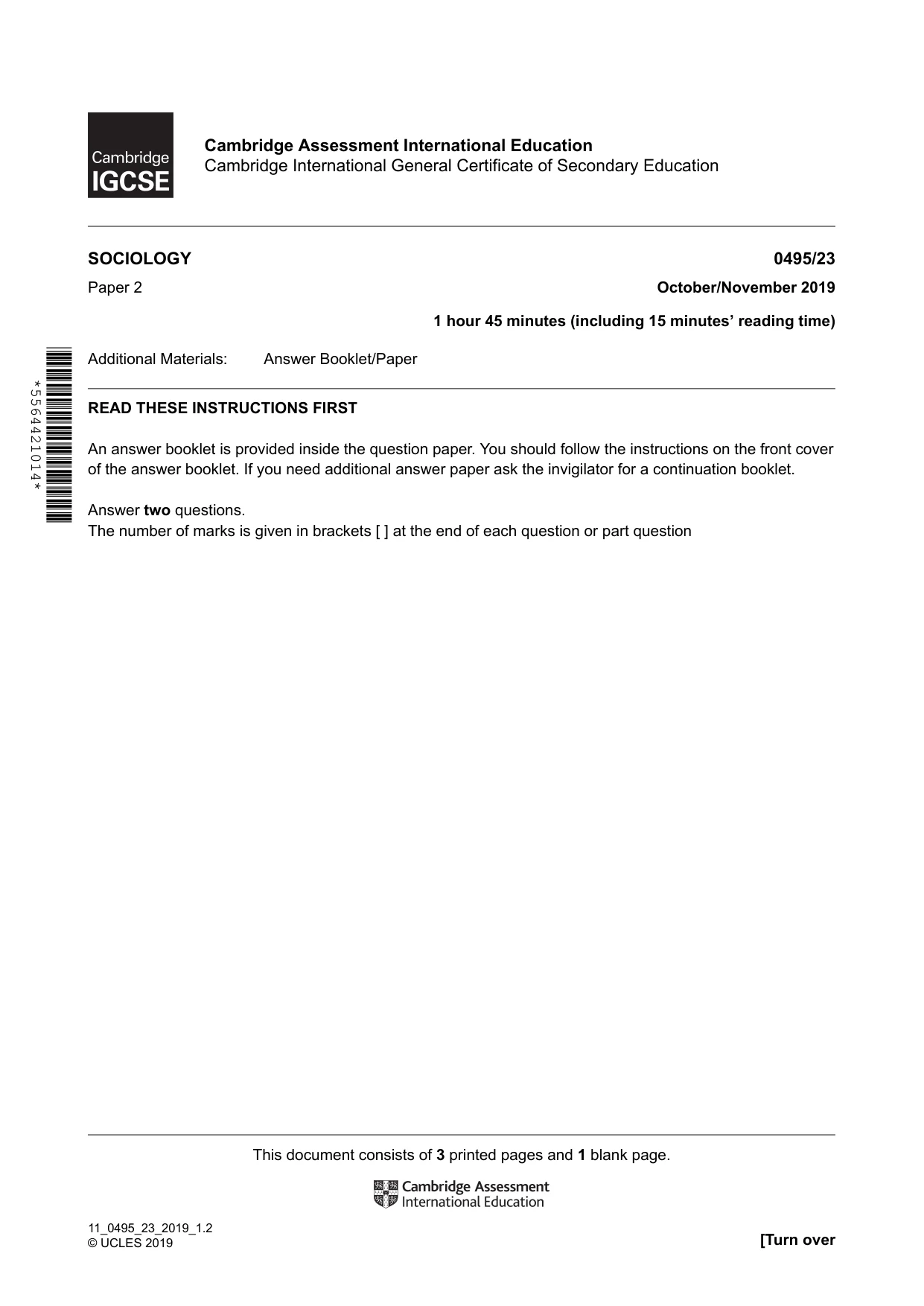 Cambridge IGCSE Sociology 0495 2019 Oct/Nov Paper 2 · Variant 3 question paper, page 1 of 4