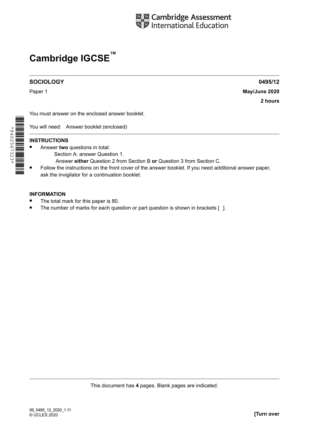Cambridge IGCSE Sociology 0495 2020 May/June Paper 1 · Variant 2 question paper, page 1 of 4