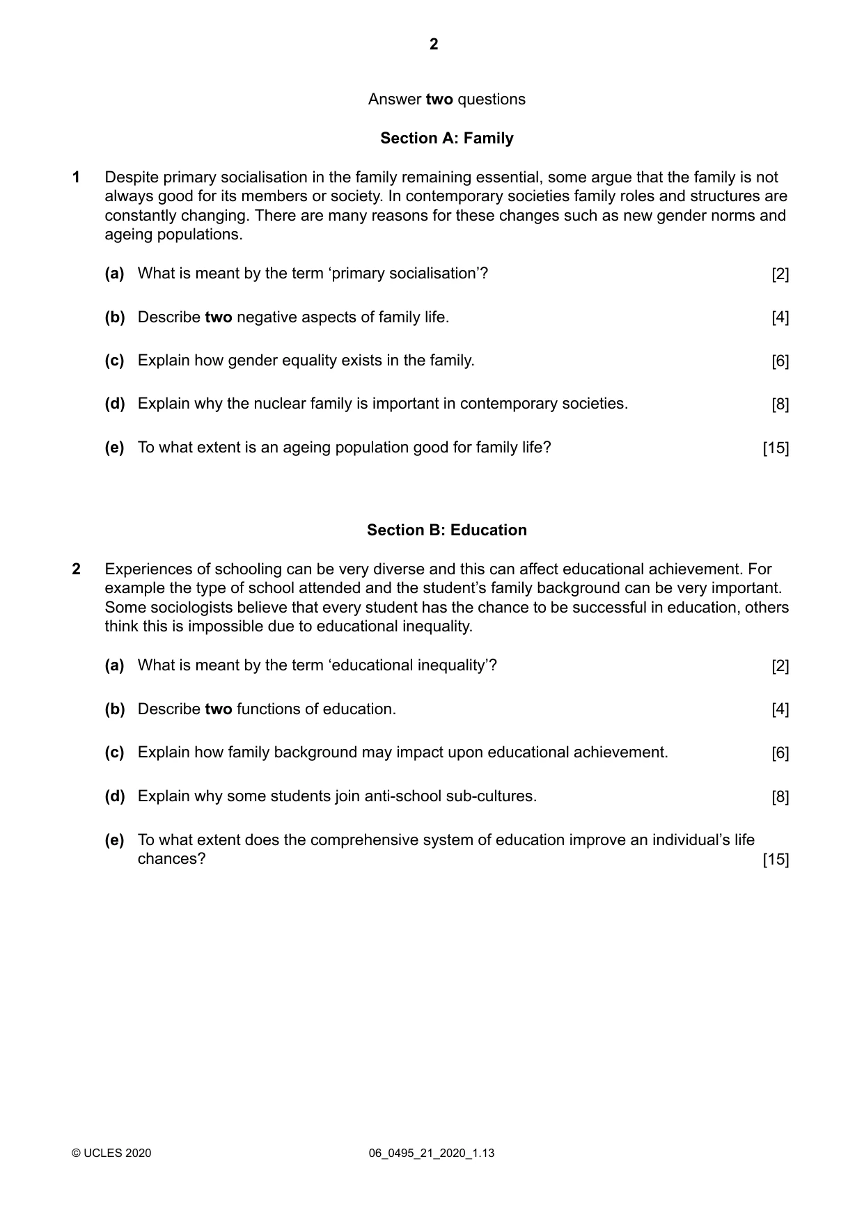 Cambridge IGCSE Sociology 0495 2020 May/June Paper 2 · Variant 1 question paper, page 2 of 4