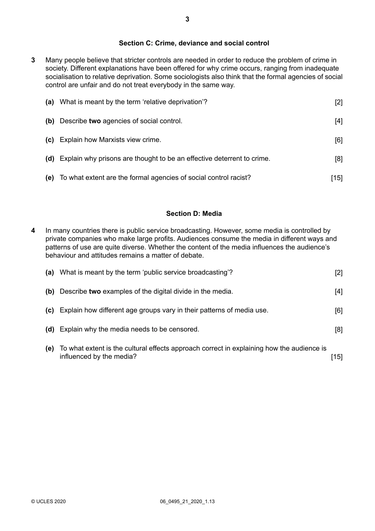Cambridge IGCSE Sociology 0495 2020 May/June Paper 2 · Variant 1 question paper, page 3 of 4