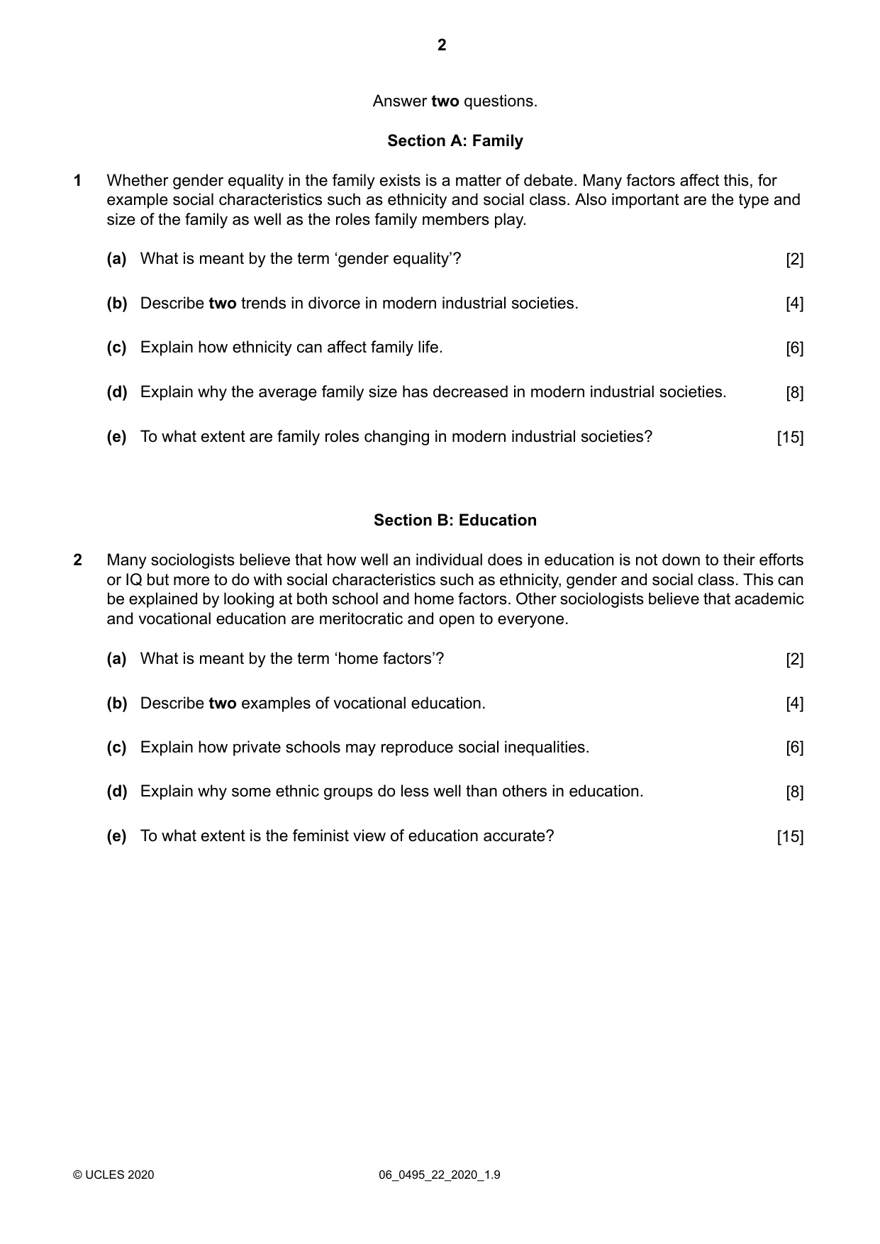 Cambridge IGCSE Sociology 0495 2020 May/June Paper 2 · Variant 2 question paper, page 2 of 4