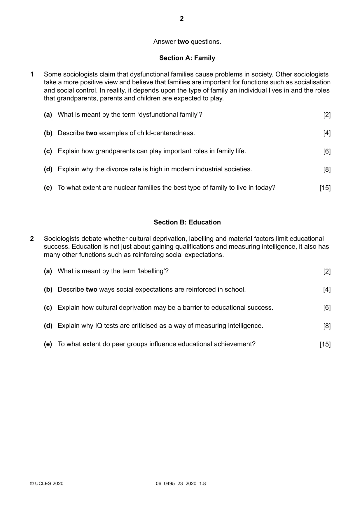 Cambridge IGCSE Sociology 0495 2020 May/June Paper 2 · Variant 3 question paper, page 2 of 4