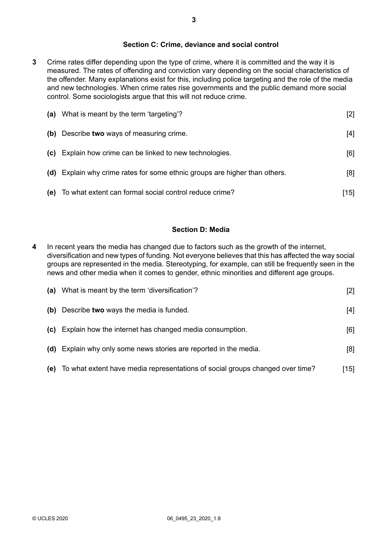 Cambridge IGCSE Sociology 0495 2020 May/June Paper 2 · Variant 3 question paper, page 3 of 4