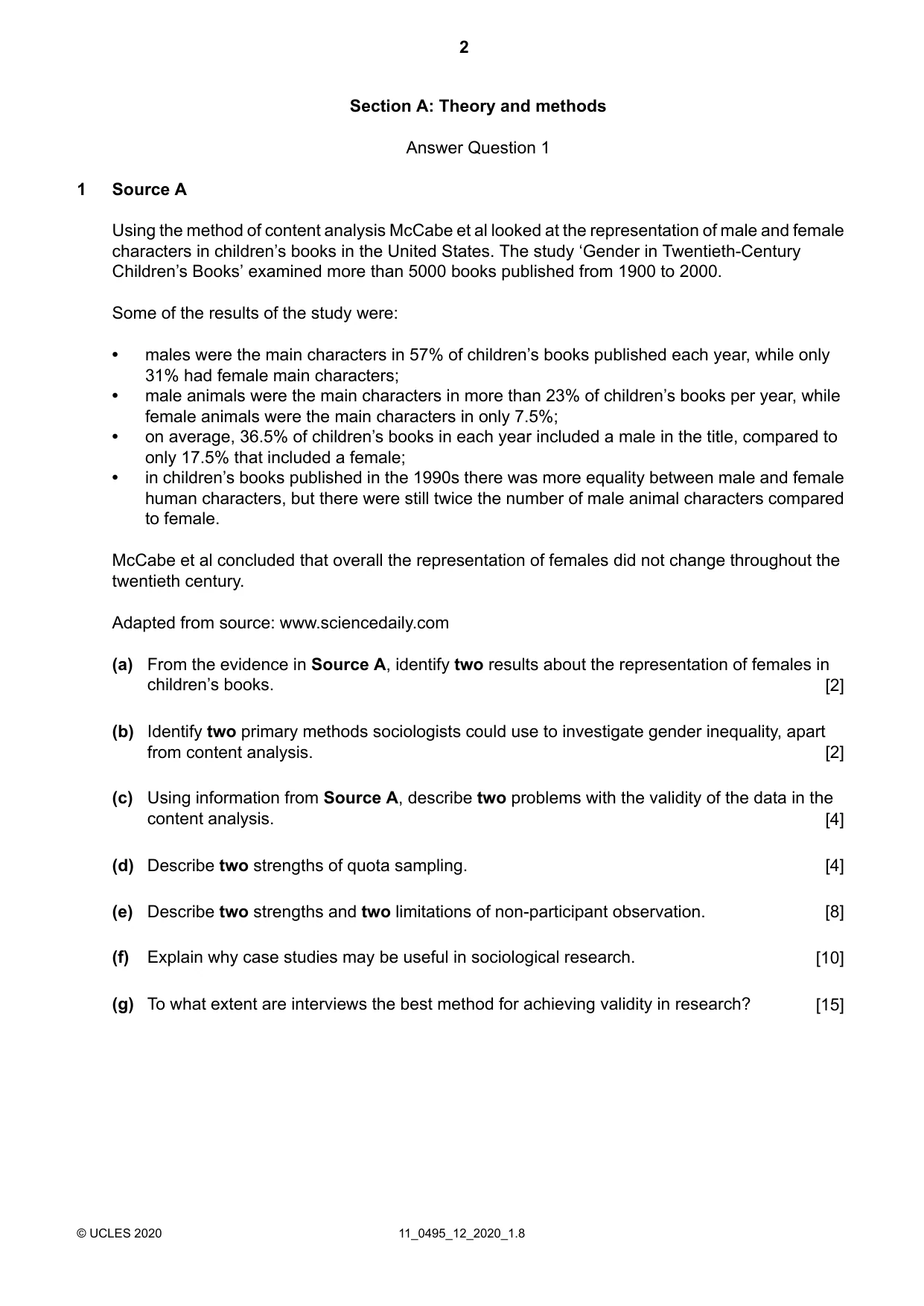 Cambridge IGCSE Sociology 0495 2020 Oct/Nov Paper 1 · Variant 2 question paper, page 2 of 4