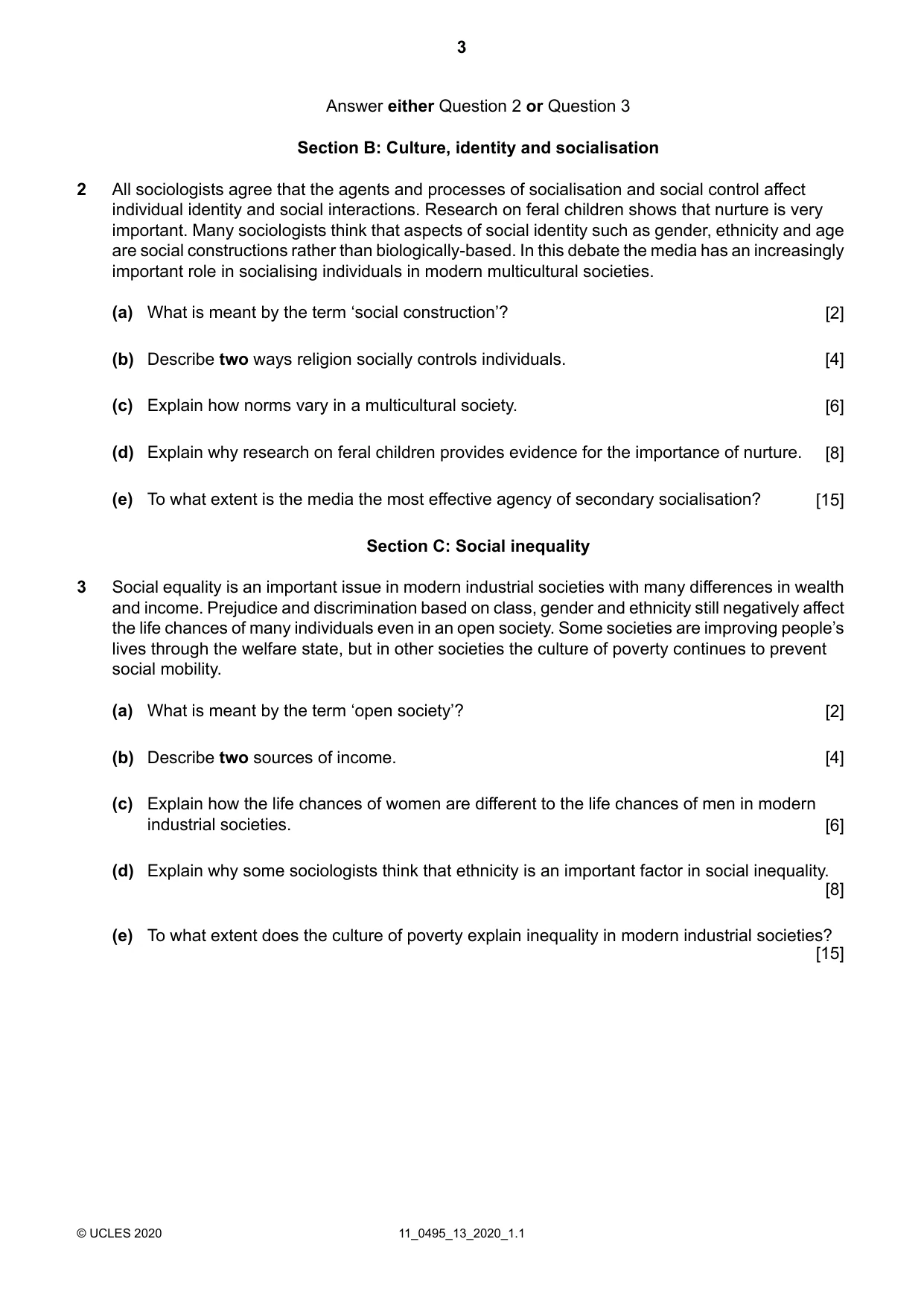 Cambridge IGCSE Sociology 0495 2020 Oct/Nov Paper 1 · Variant 3 question paper, page 3 of 4