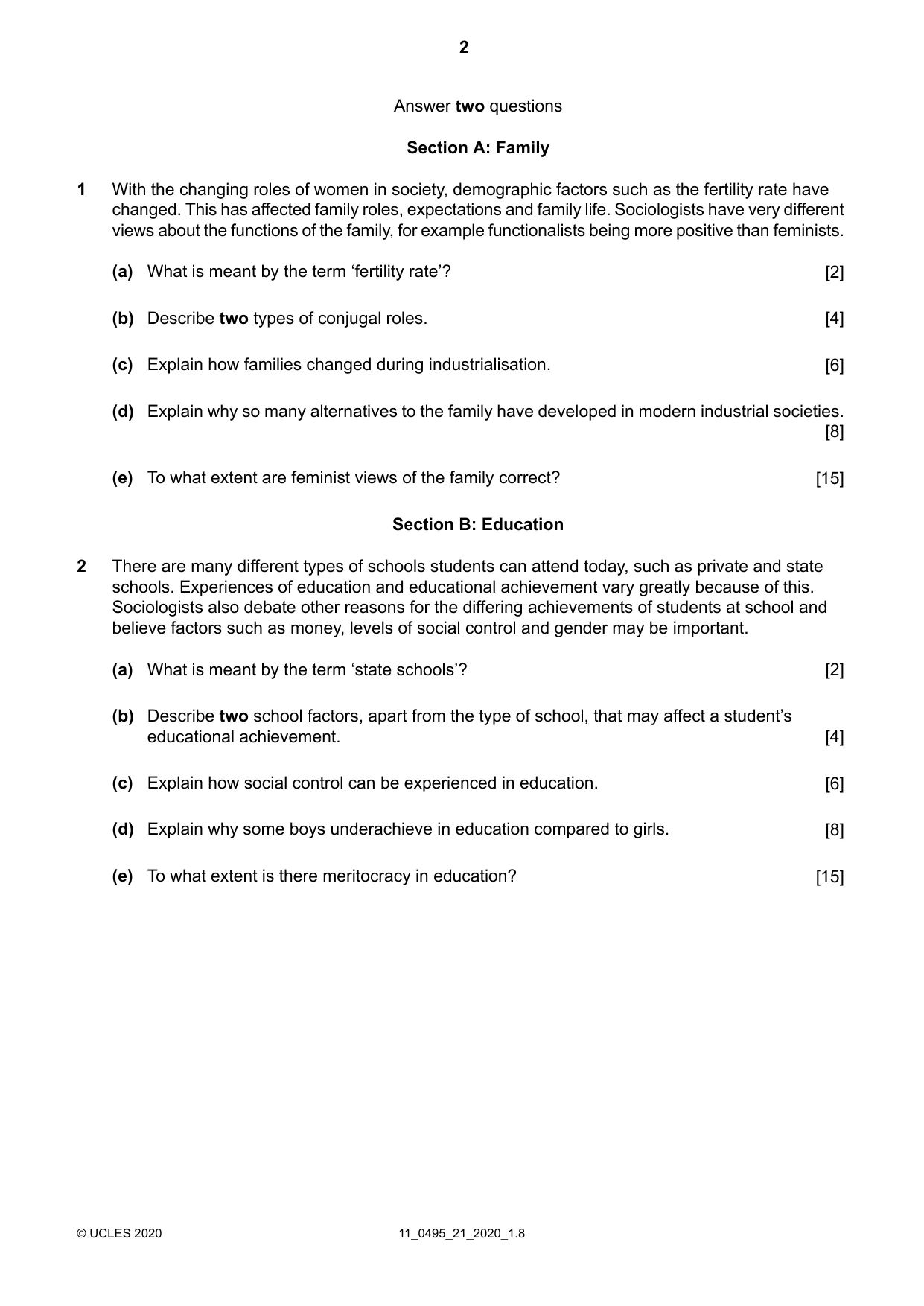 Cambridge IGCSE Sociology 0495 2020 Oct/Nov Paper 2 · Variant 1 question paper, page 2 of 4