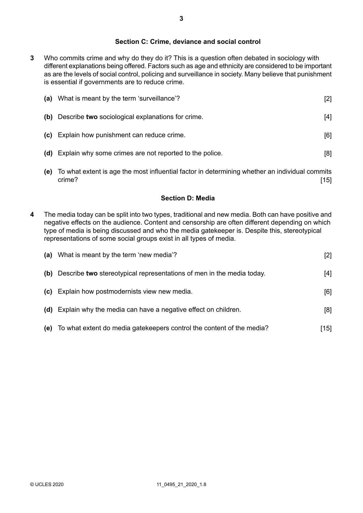 Cambridge IGCSE Sociology 0495 2020 Oct/Nov Paper 2 · Variant 1 question paper, page 3 of 4