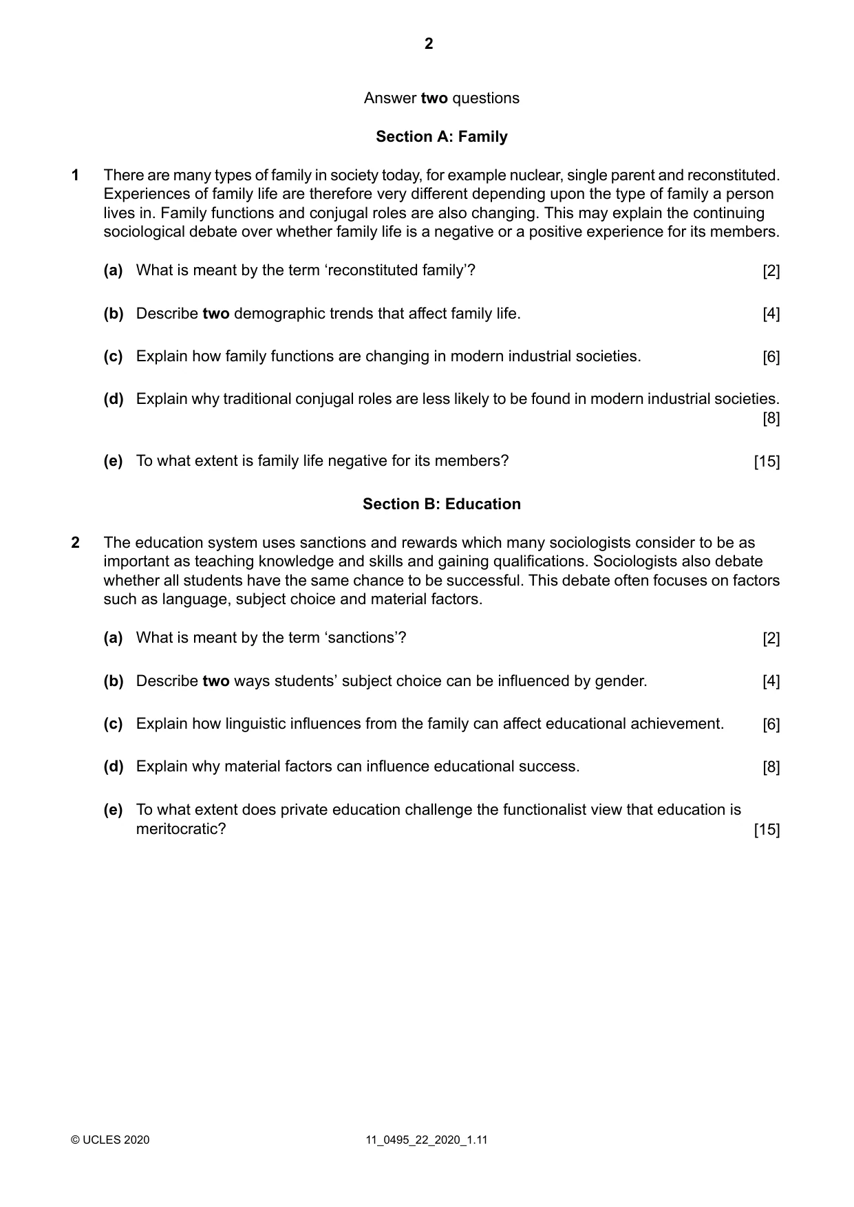 Cambridge IGCSE Sociology 0495 2020 Oct/Nov Paper 2 · Variant 2 question paper, page 2 of 4