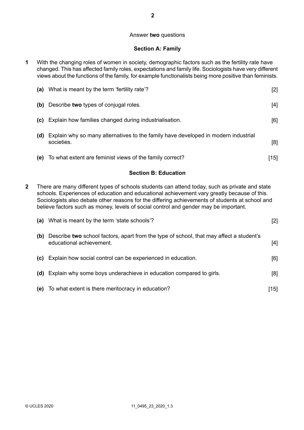 Cambridge IGCSE Sociology 0495 2020 Oct/Nov Paper 2 · Variant 3 question paper, page 2 of 4