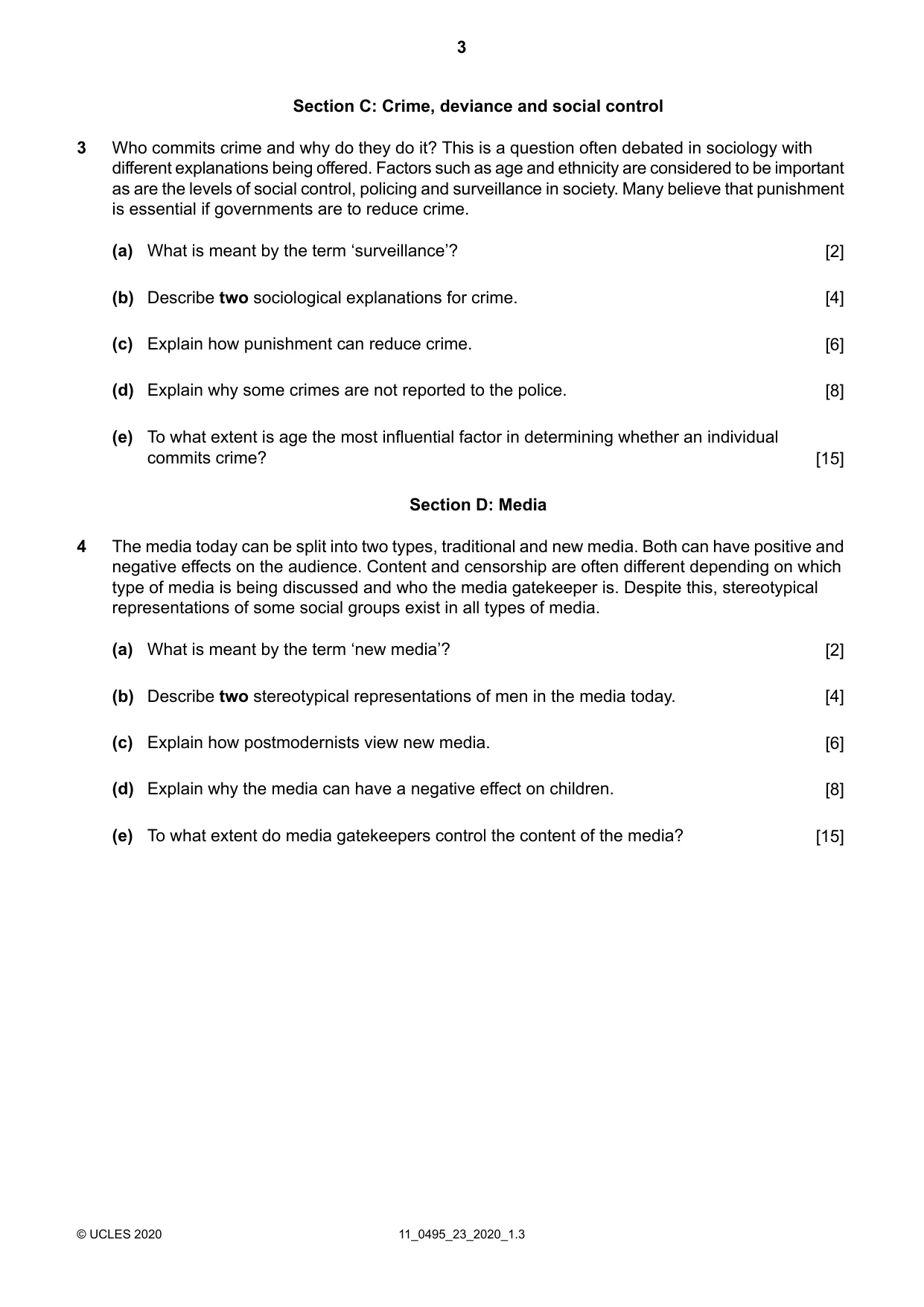 Cambridge IGCSE Sociology 0495 2020 Oct/Nov Paper 2 · Variant 3 question paper, page 3 of 4