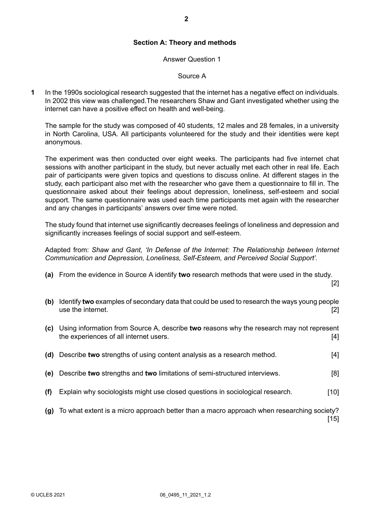 Cambridge IGCSE Sociology 0495 2021 May/June Paper 1 · Variant 1 question paper, page 2 of 4