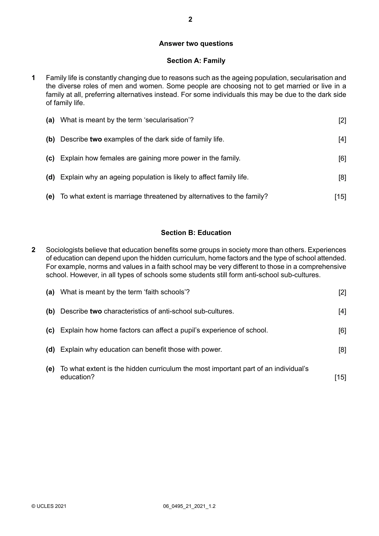 Cambridge IGCSE Sociology 0495 2021 May/June Paper 2 · Variant 1 question paper, page 2 of 4