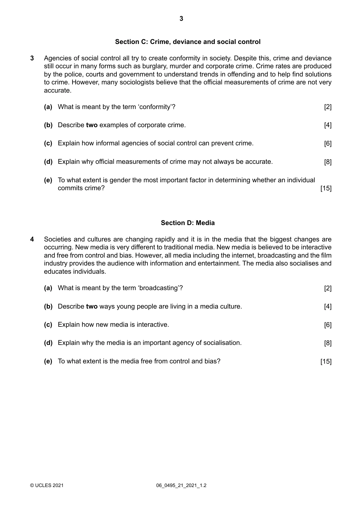 Cambridge IGCSE Sociology 0495 2021 May/June Paper 2 · Variant 1 question paper, page 3 of 4