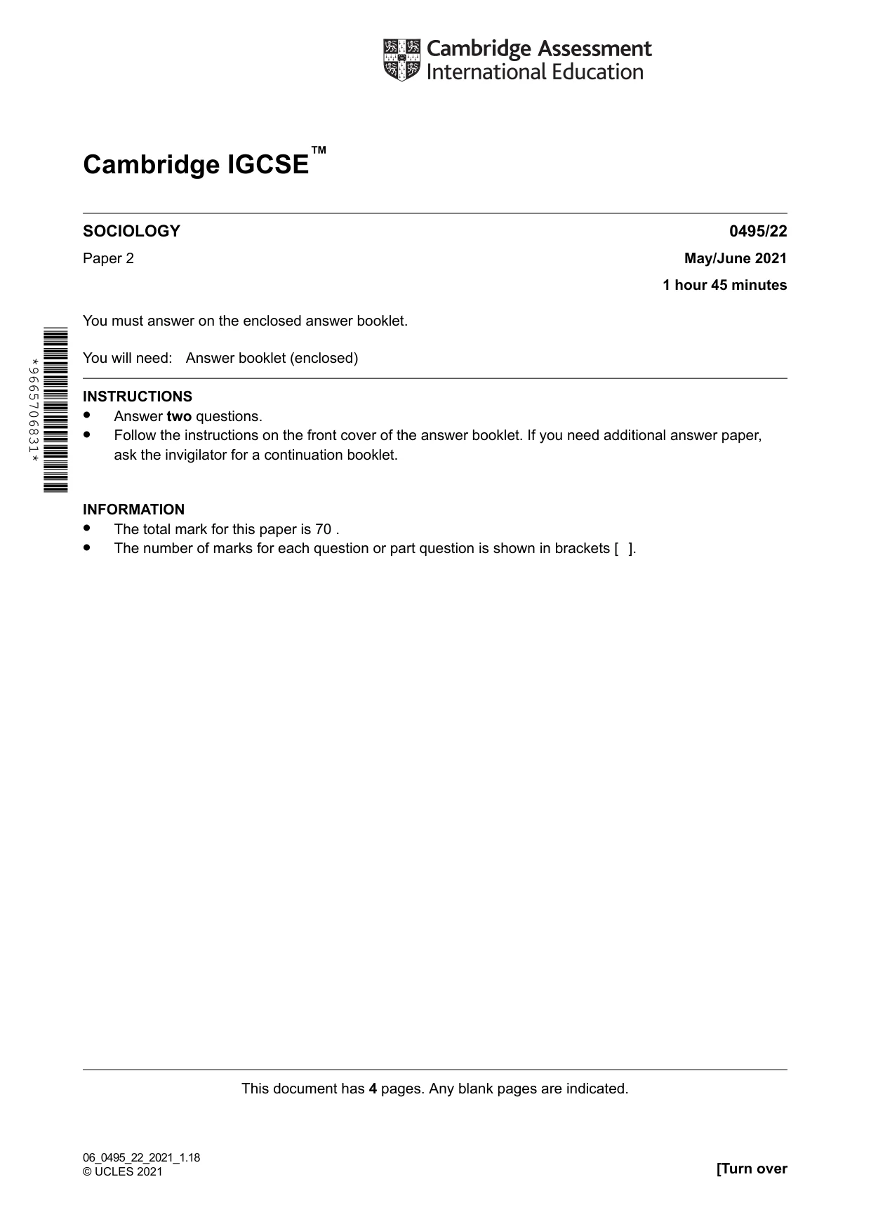 Cambridge IGCSE Sociology 0495 2021 May/June Paper 2 · Variant 2 question paper, page 1 of 4