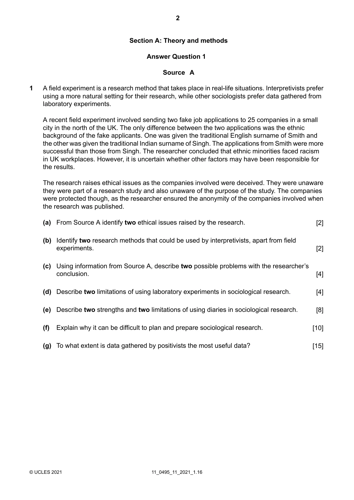 Cambridge IGCSE Sociology 0495 2021 Oct/Nov Paper 1 · Variant 1 question paper, page 2 of 4
