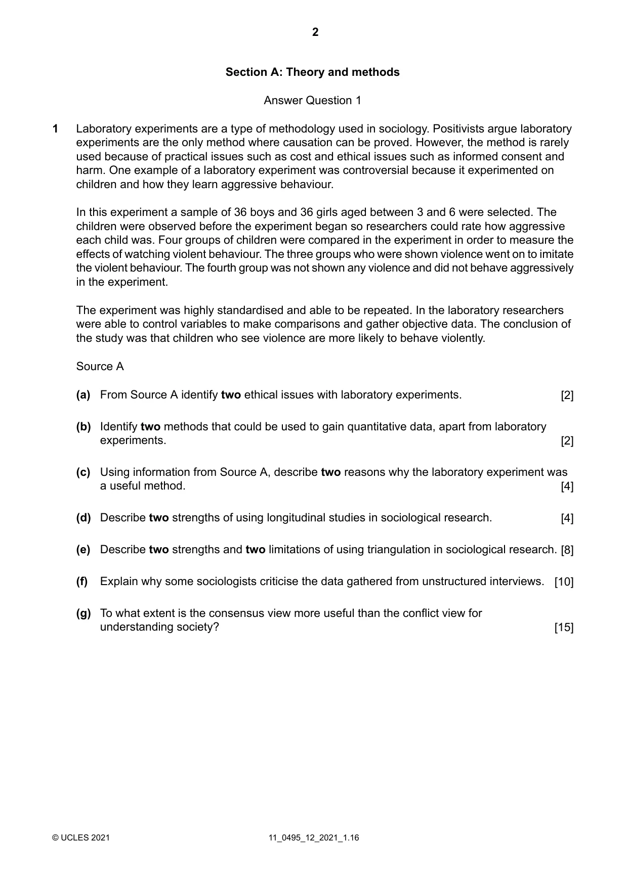 Cambridge IGCSE Sociology 0495 2021 Oct/Nov Paper 1 · Variant 2 question paper, page 2 of 4
