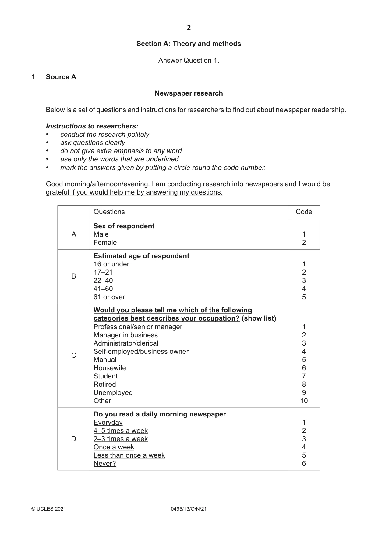 Cambridge IGCSE Sociology 0495 2021 Oct/Nov Paper 1 · Variant 3 question paper, page 2 of 4