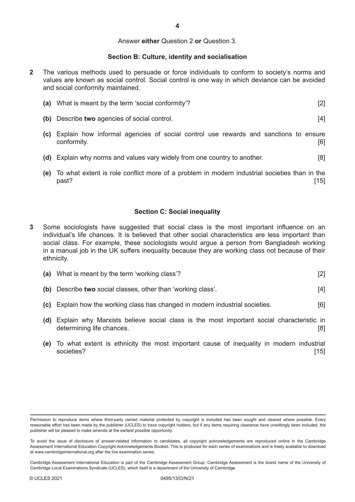 Cambridge IGCSE Sociology 0495 2021 Oct/Nov Paper 1 · Variant 3 question paper, page 4 of 4