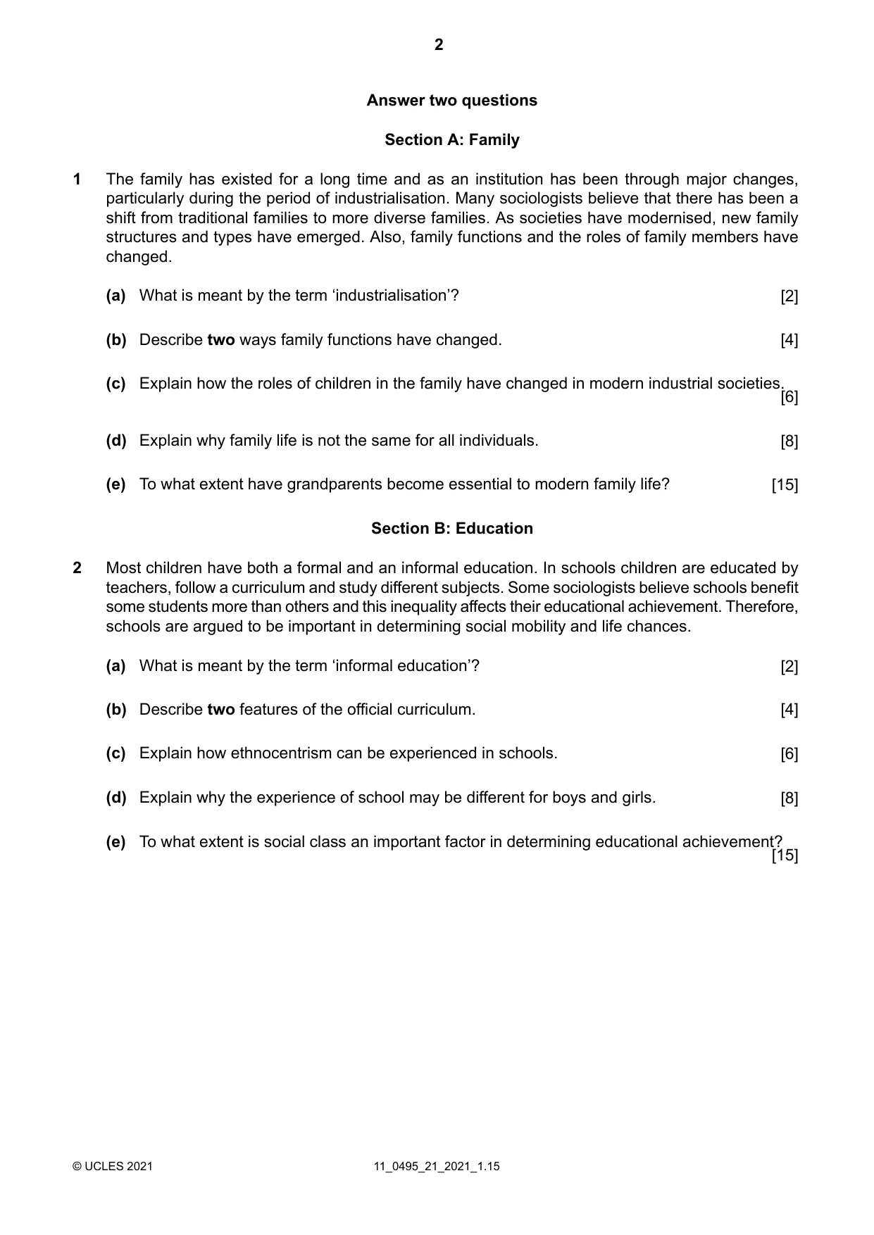 Cambridge IGCSE Sociology 0495 2021 Oct/Nov Paper 2 · Variant 1 question paper, page 2 of 4