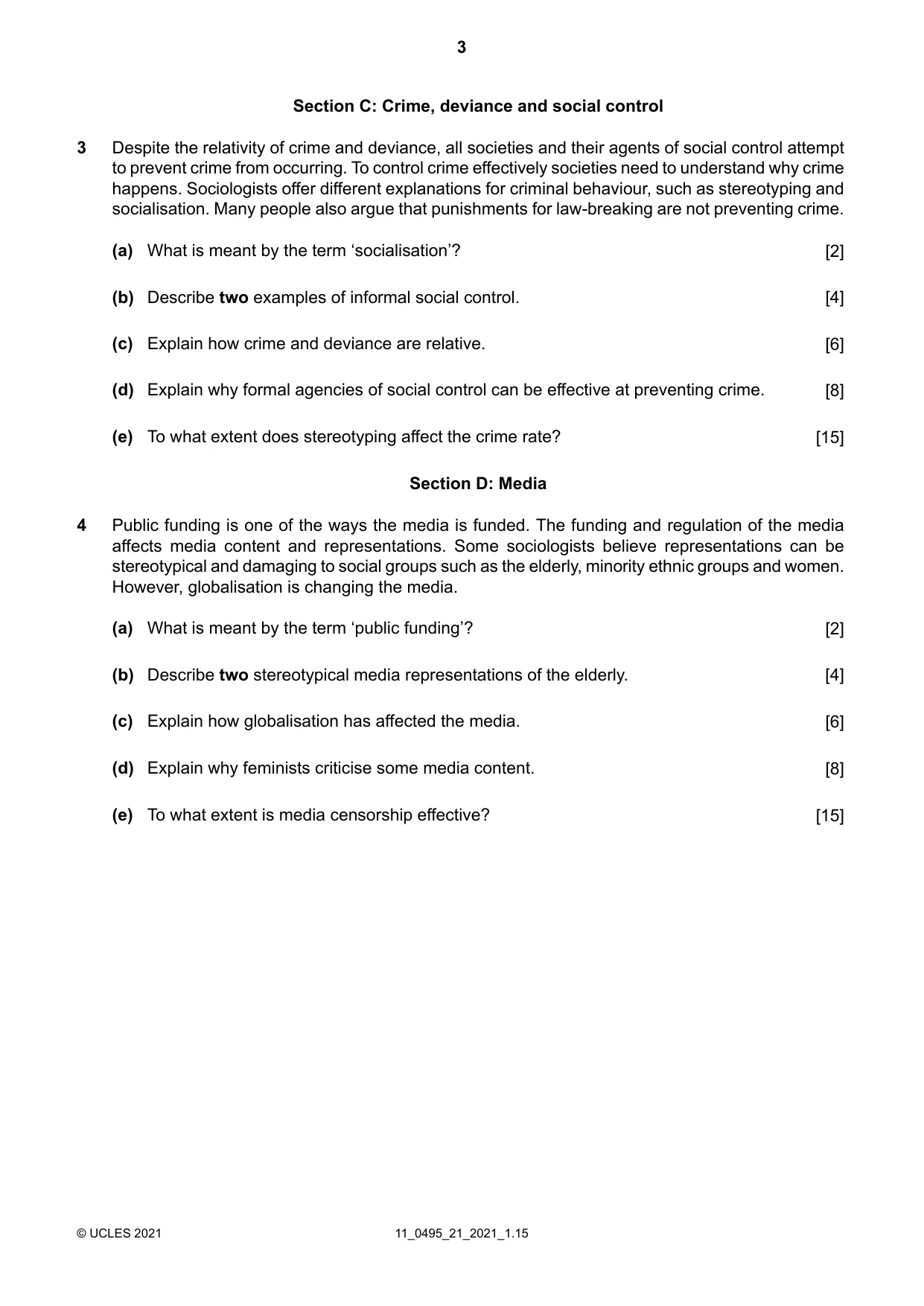 Cambridge IGCSE Sociology 0495 2021 Oct/Nov Paper 2 · Variant 1 question paper, page 3 of 4