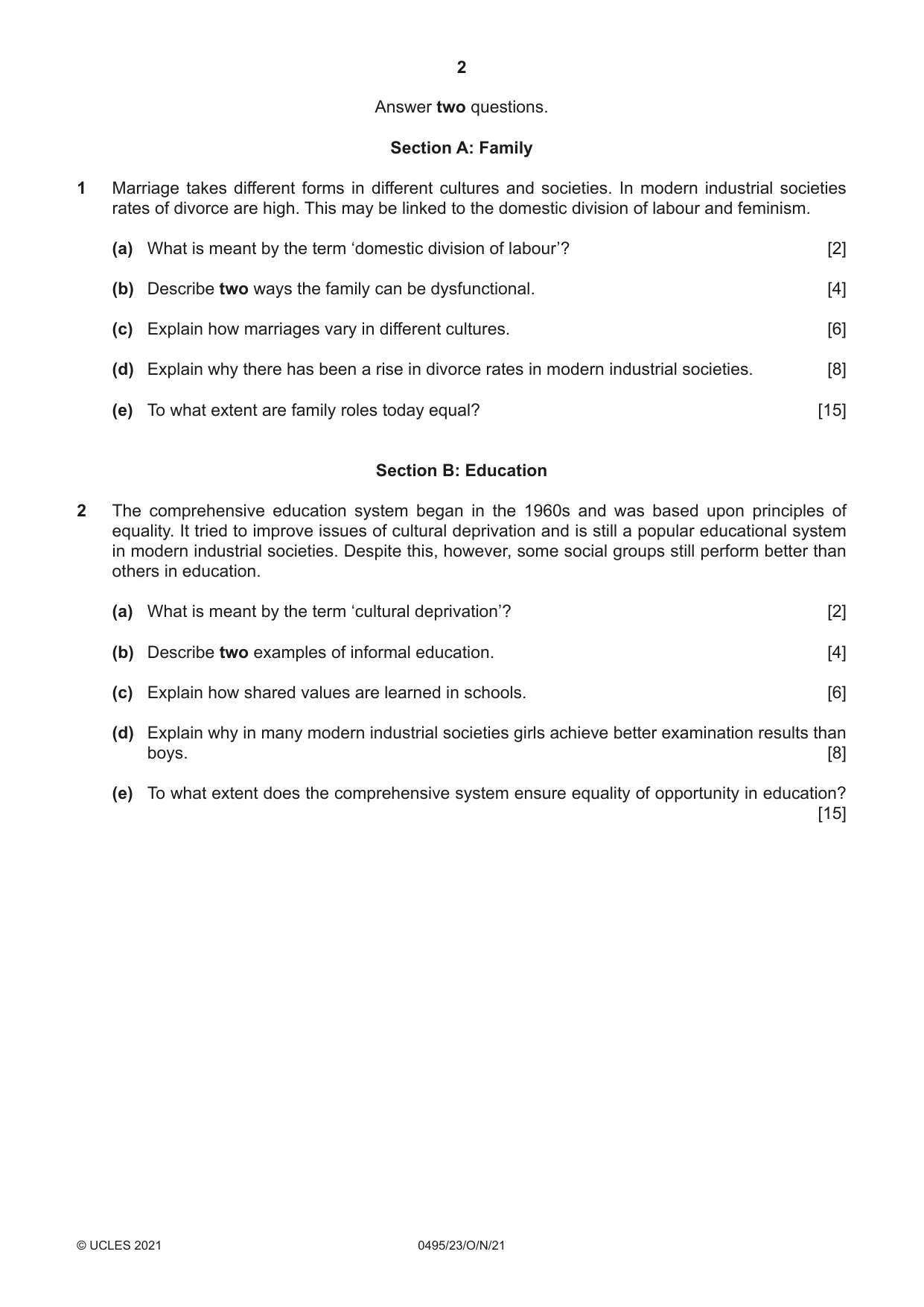 Cambridge IGCSE Sociology 0495 2021 Oct/Nov Paper 2 · Variant 3 question paper, page 2 of 4