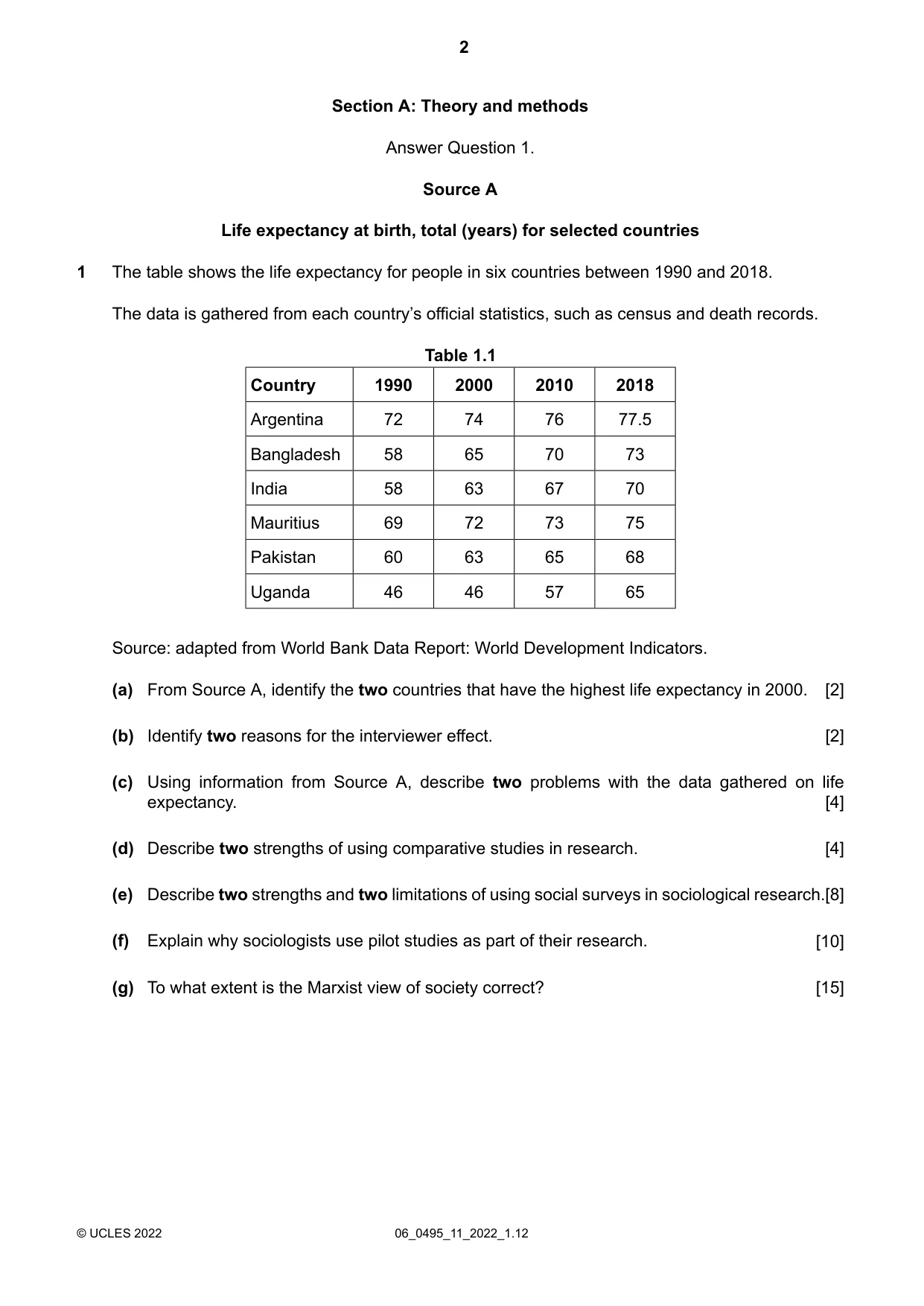 Cambridge IGCSE Sociology 0495 2022 May/June Paper 1 · Variant 1 question paper, page 2 of 4