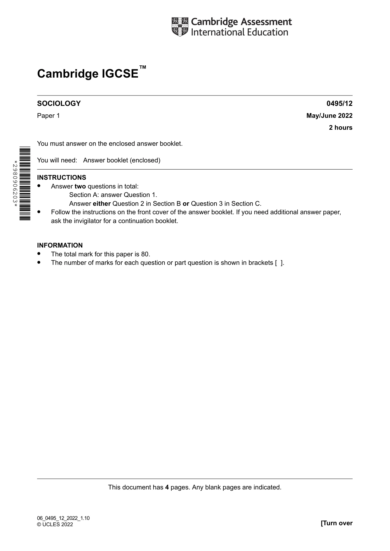 Cambridge IGCSE Sociology 0495 2022 May/June Paper 1 · Variant 2 question paper, page 1 of 4