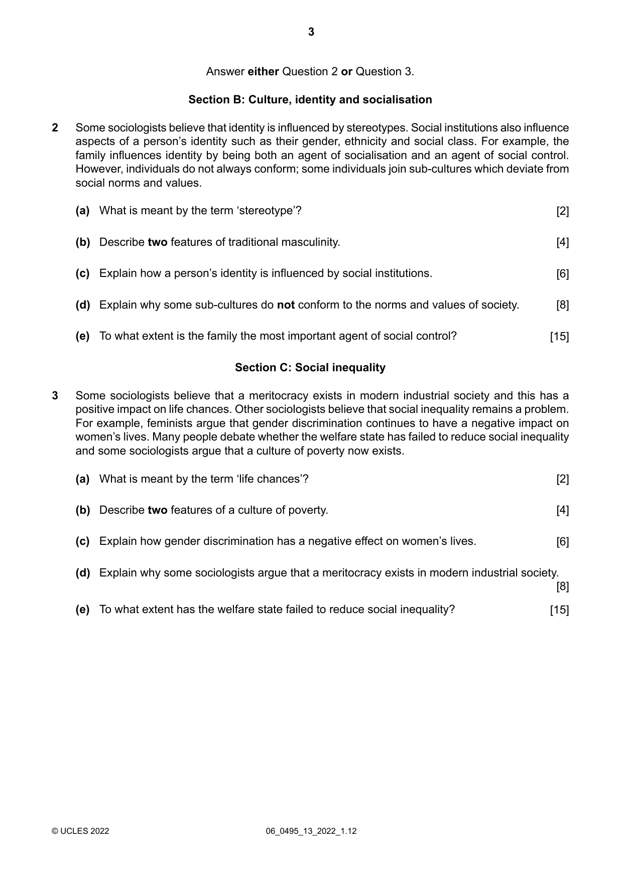 Cambridge IGCSE Sociology 0495 2022 May/June Paper 1 · Variant 3 question paper, page 3 of 4