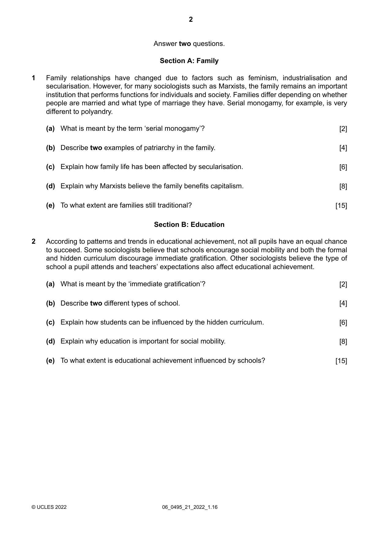 Cambridge IGCSE Sociology 0495 2022 May/June Paper 2 · Variant 1 question paper, page 2 of 4