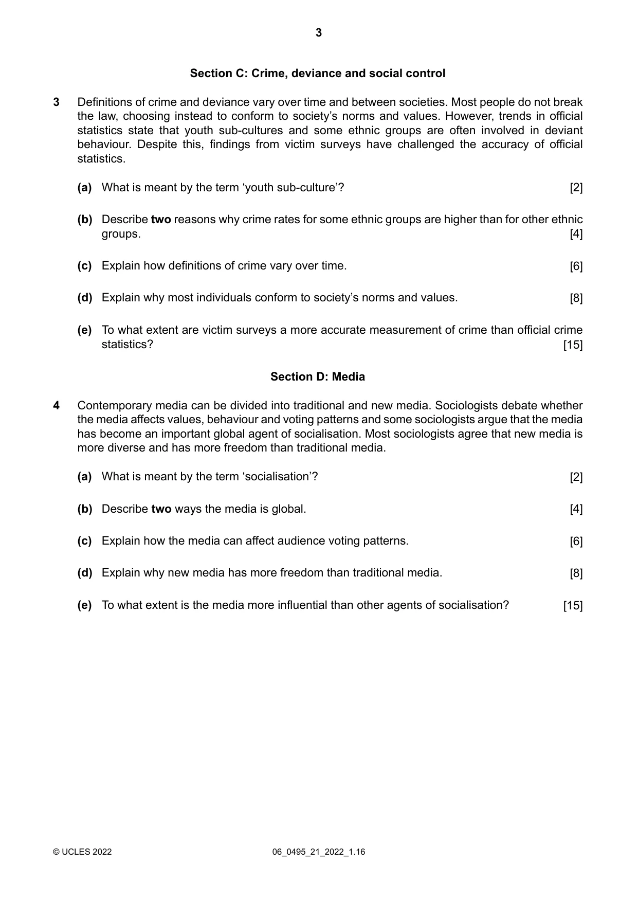 Cambridge IGCSE Sociology 0495 2022 May/June Paper 2 · Variant 1 question paper, page 3 of 4